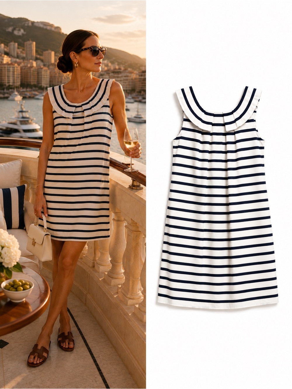 Sonia Bogner Linen Blend Nautical Stripe Sailor Collar Shift Dress Size 6
